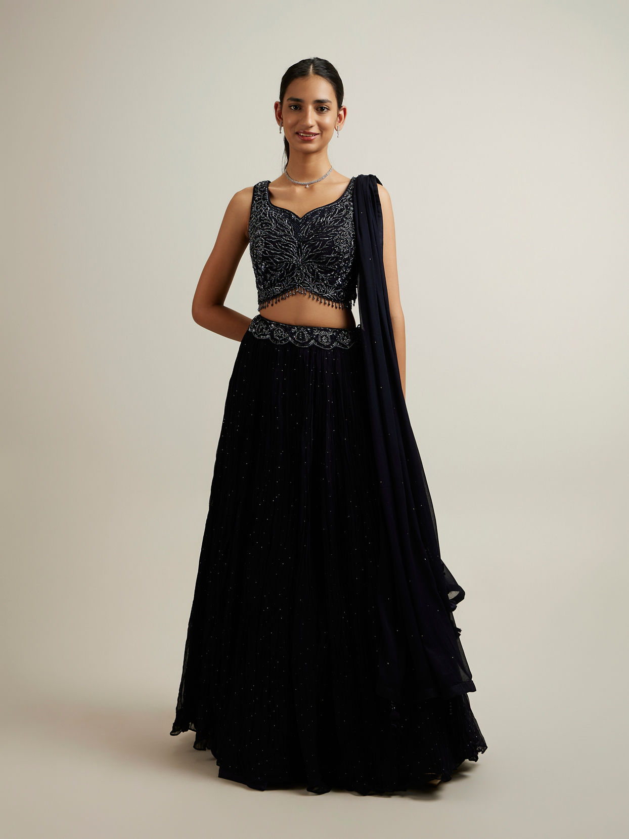 alt message - Mohey Women Indigo Blue Floral Hexagon Patterned Sequinned Lehenga image number 2