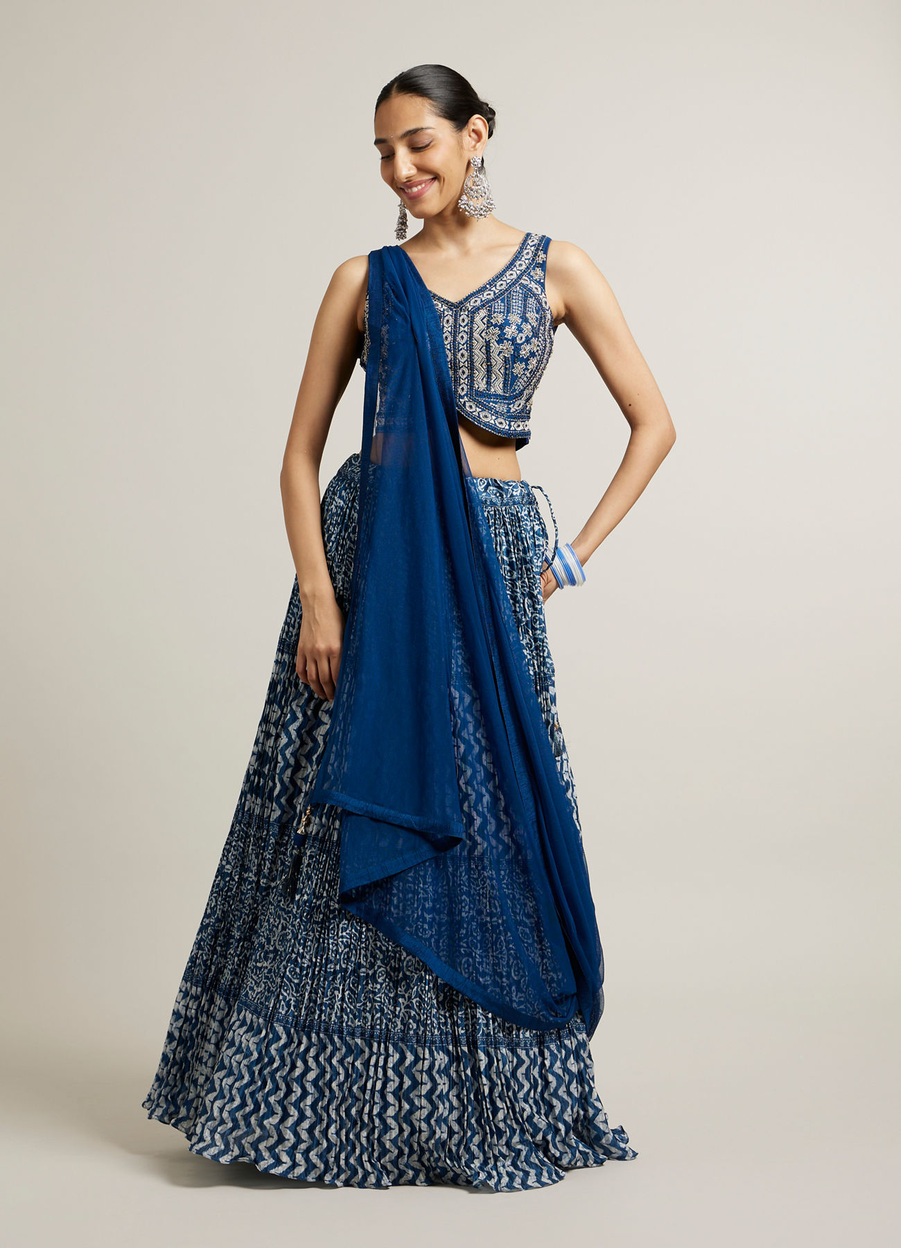 Mohey Women Teal Blue Chevron Printed Crop Top Lehenga with Mirror Work