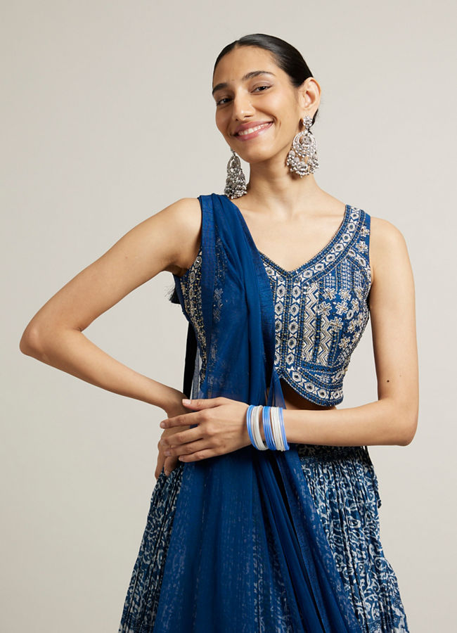 Mohey Women Teal Blue Chevron Printed Crop Top Lehenga with Mirror Work