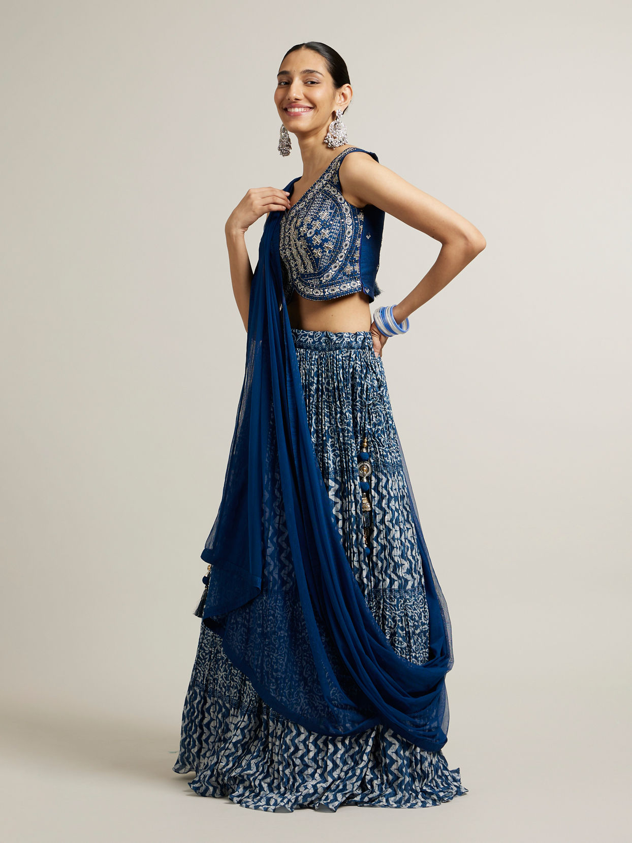 Mohey Women Teal Blue Chevron Printed Crop Top Lehenga with Mirror Work