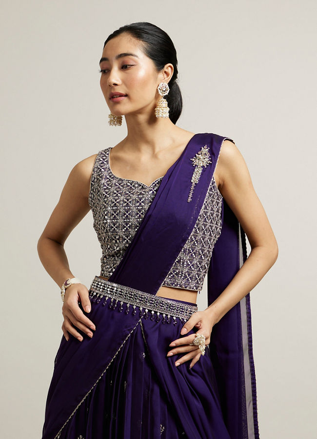 alt message - Mohey Women Festive Purple Georgette Lehenga image number 1