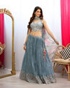 alt message - Mohey Women Elegant Blue Chinon Crop Top Lehenga with Boota Border image number 0