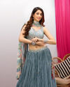 alt message - Mohey Women Elegant Blue Chinon Crop Top Lehenga with Boota Border image number 1