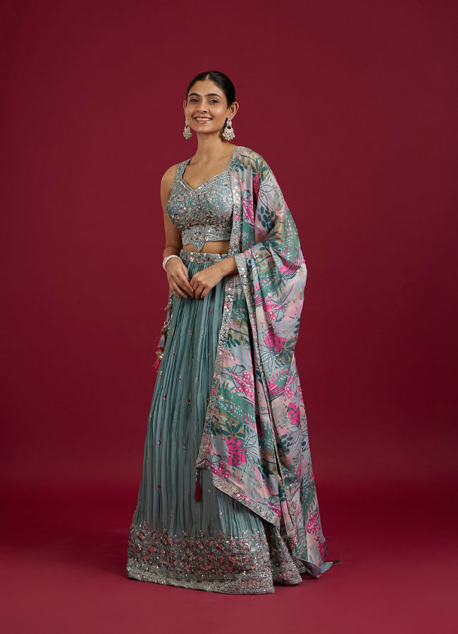 Mohey Women Elegant Blue Chinon Crop Top Lehenga with Boota Border