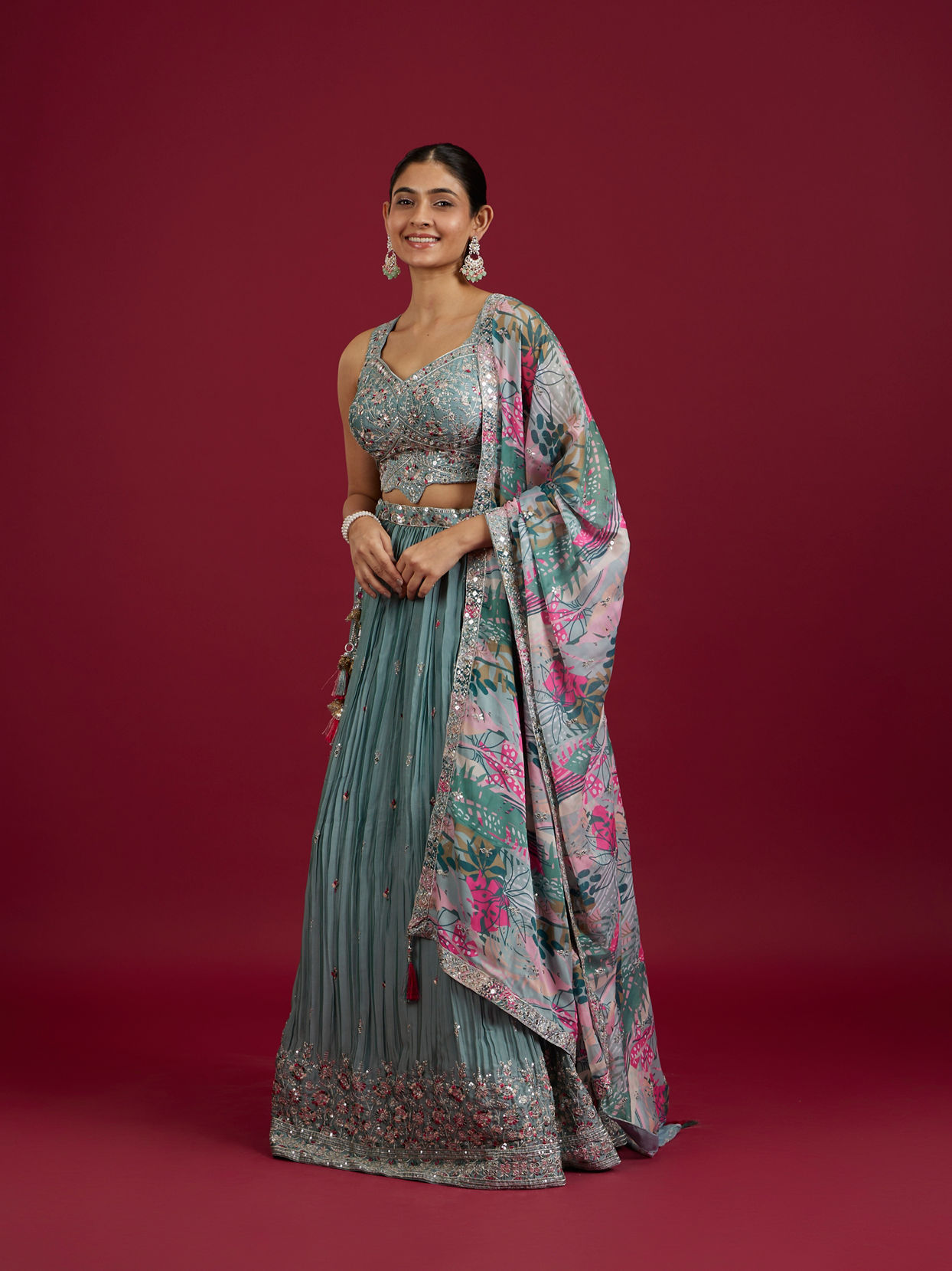 Mohey Women Elegant Blue Chinon Crop Top Lehenga with Boota Border