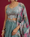 Mohey Women Elegant Blue Chinon Crop Top Lehenga with Boota Border