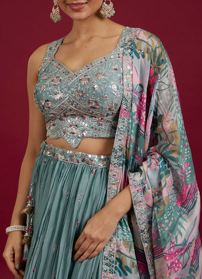 Mohey Women Elegant Blue Chinon Crop Top Lehenga with Boota Border