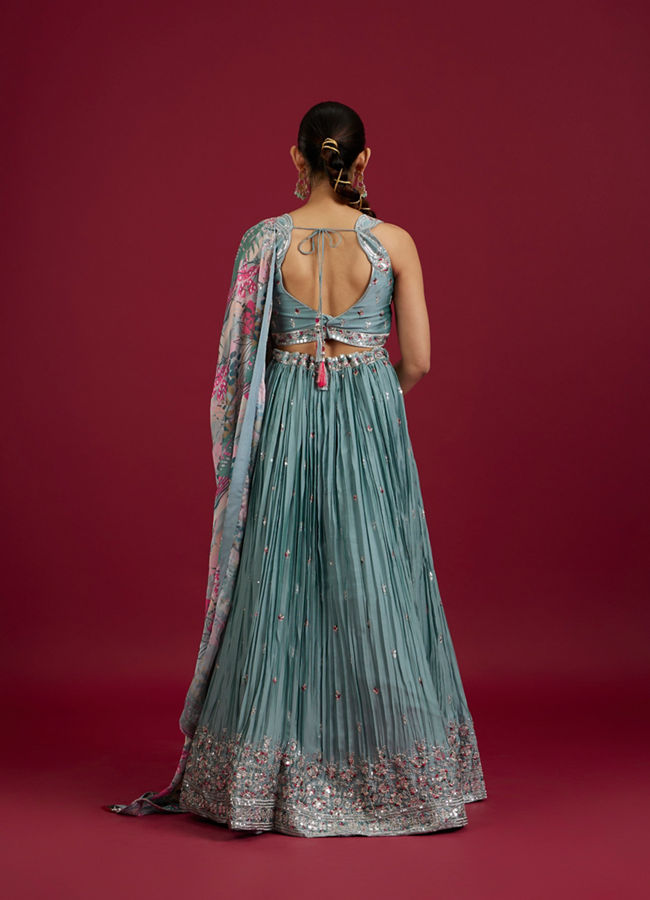 Mohey Women Elegant Blue Chinon Crop Top Lehenga with Boota Border