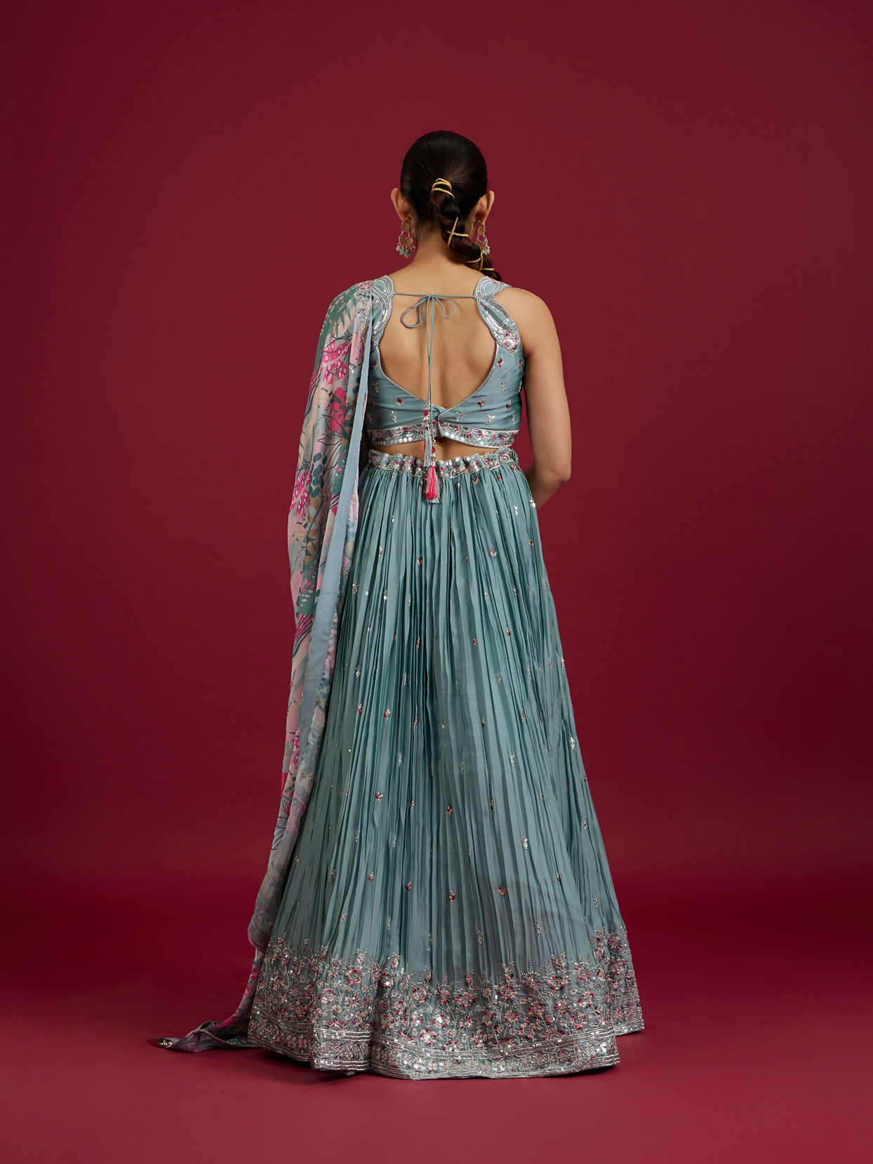 Mohey Women Elegant Blue Chinon Crop Top Lehenga with Boota Border