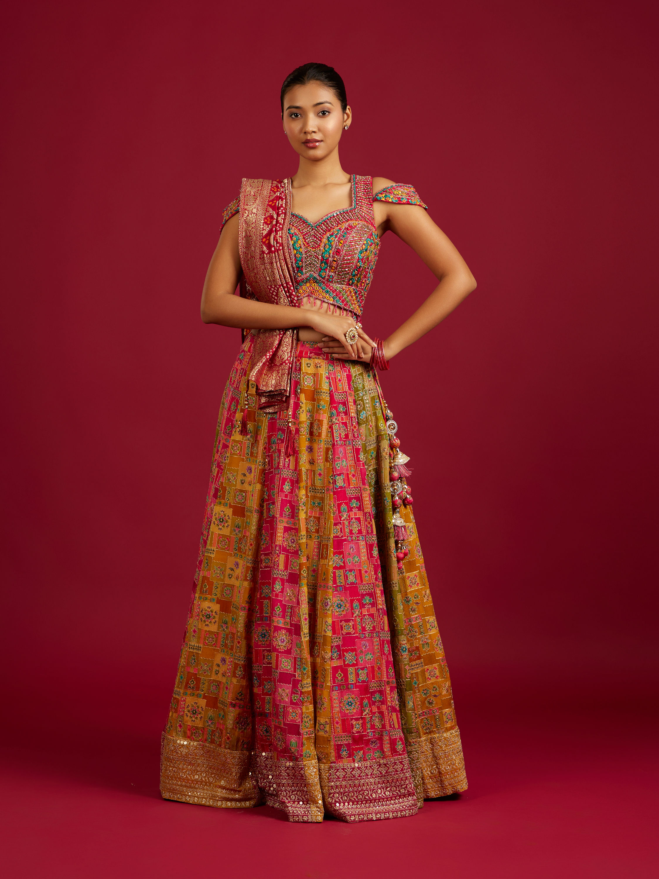 Mohey Women Rani And Yellow Crop Top Lehenga with Geometric And Medallion Motifs