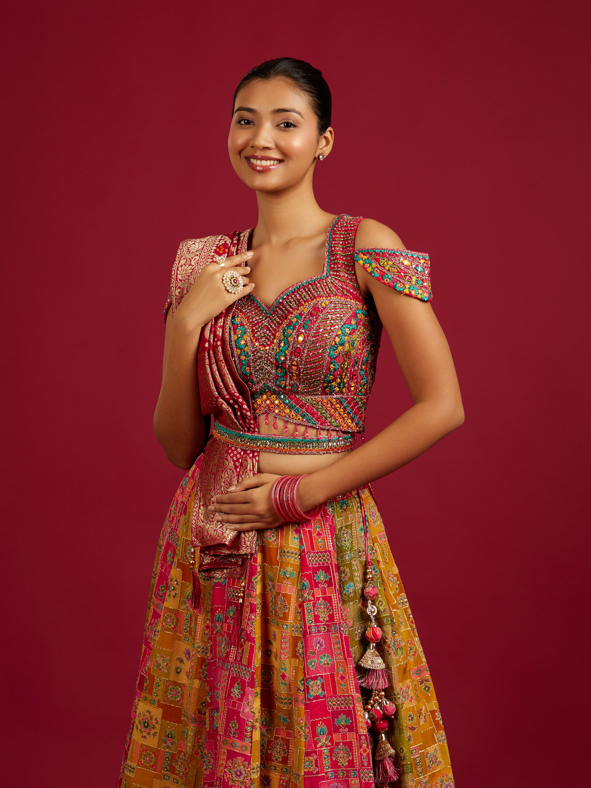 Mohey Women Rani And Yellow Crop Top Lehenga with Geometric And Medallion Motifs