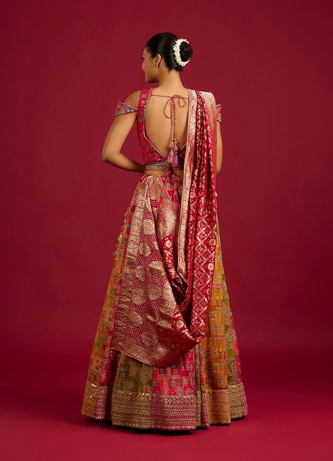 Mohey Women Rani And Yellow Crop Top Lehenga with Geometric And Medallion Motifs