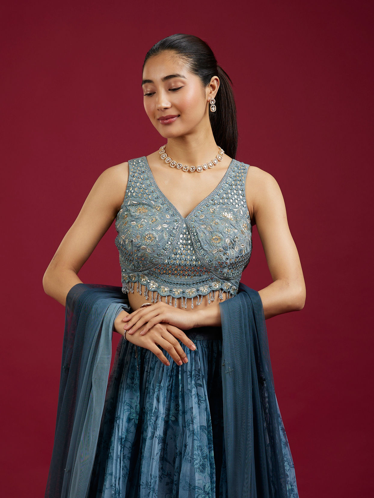 Mohey Women Blue Organdy Elegance Lehenga