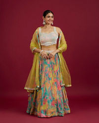 Mohey Women Ethereal Green Chinon Lehenga