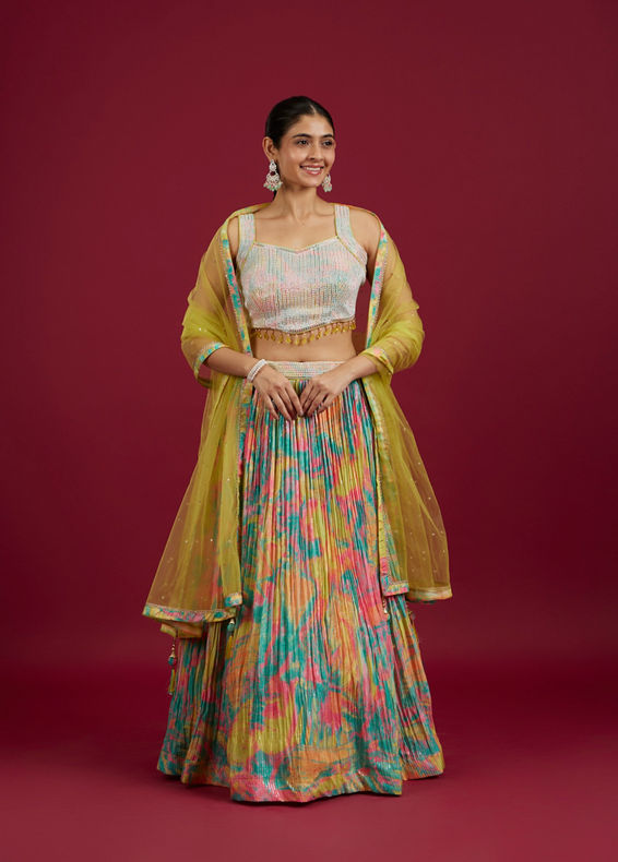 Mohey Women Ethereal Green Chinon Lehenga