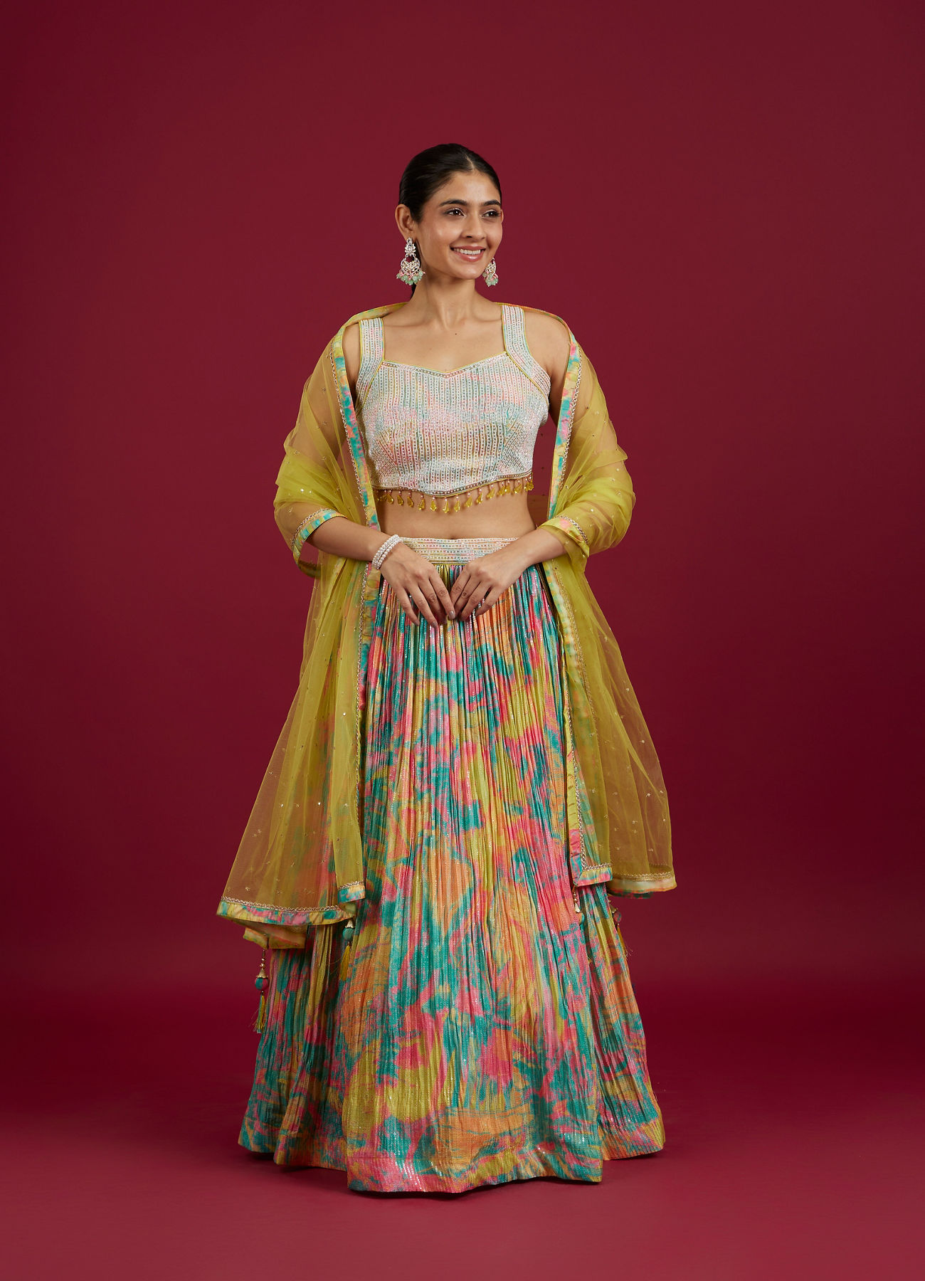 Mohey Women Ethereal Green Chinon Lehenga