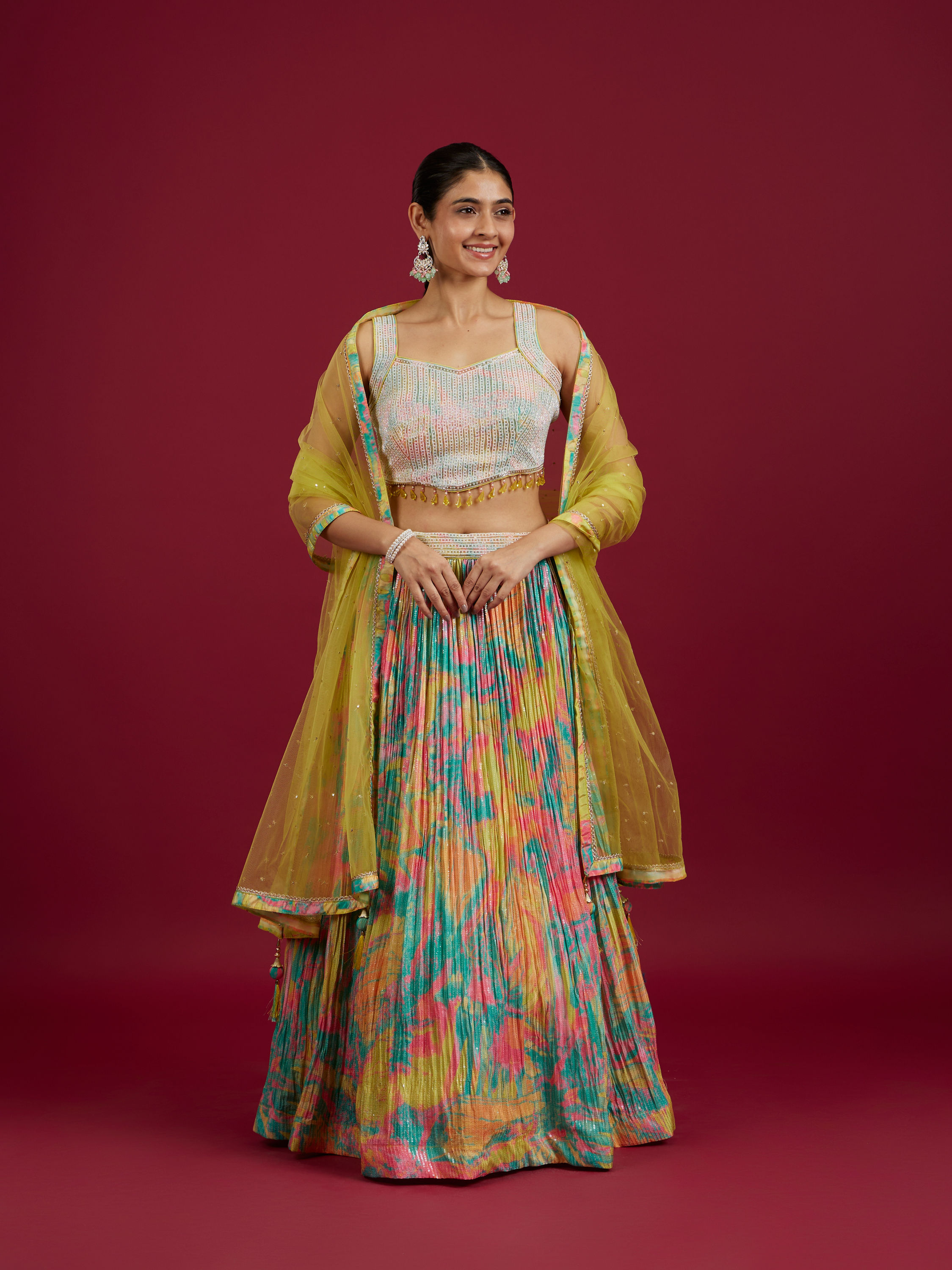 Mohey Women Ethereal Green Chinon Lehenga