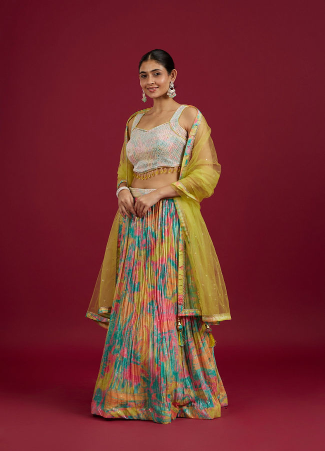 Mohey Women Ethereal Green Chinon Lehenga