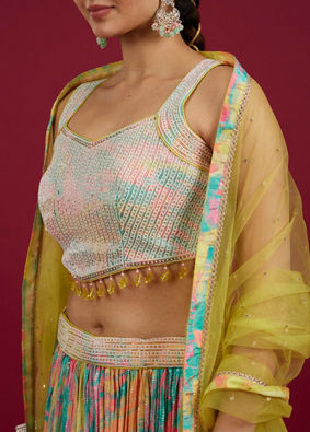 Mohey Women Ethereal Green Chinon Lehenga image number 3