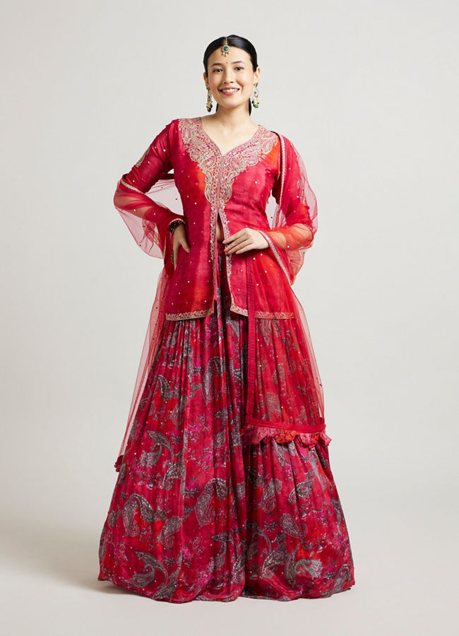 alt message - Mohey Women Scarlet Elegance Georgette Lehenga image number 0