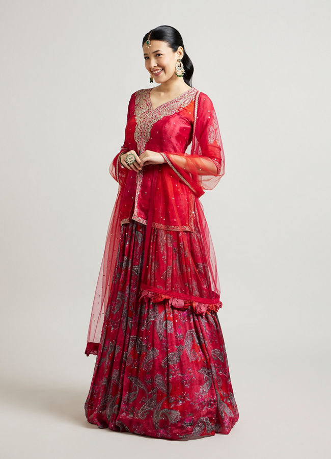 alt message - Mohey Women Scarlet Elegance Georgette Lehenga image number 2