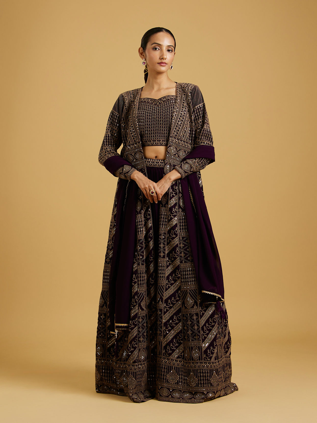 Mohey Women Wine Delight Chiffon Lehenga image number 0