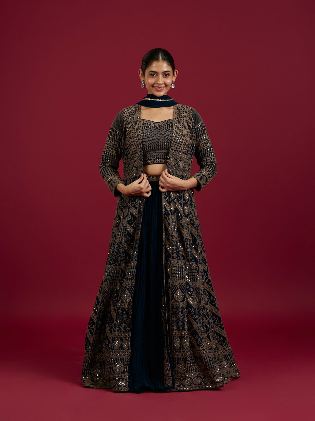 Mohey Women Teal Blue Imperial Jaal Patterned Lehenga with Sequin And Gota Patti Work