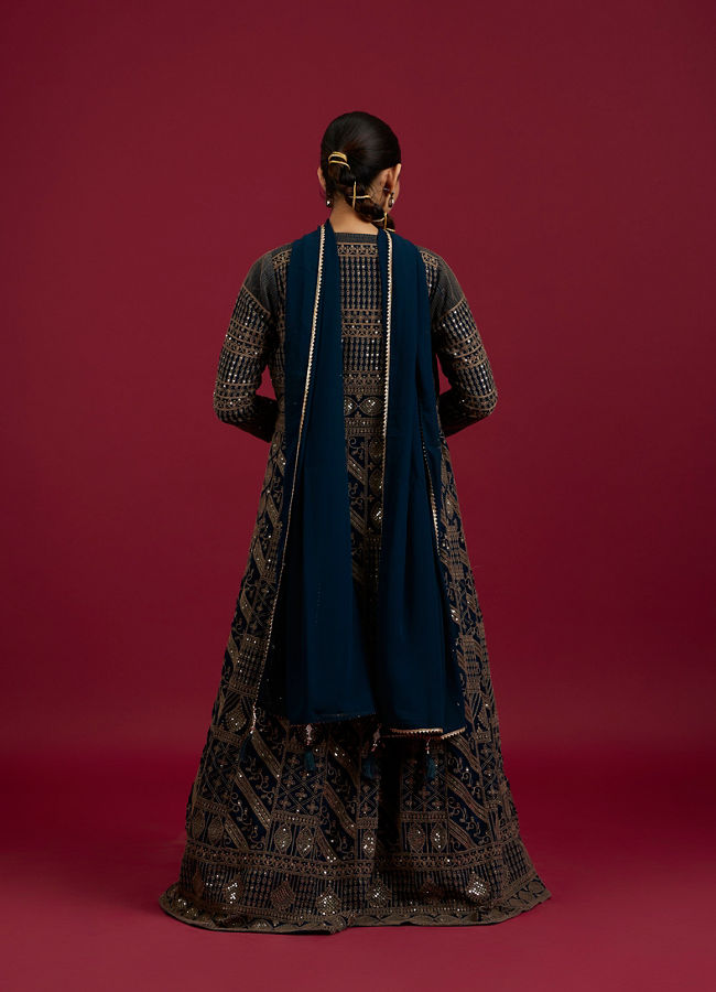 Mohey Women Teal Blue Imperial Jaal Patterned Lehenga with Sequin And Gota Patti Work