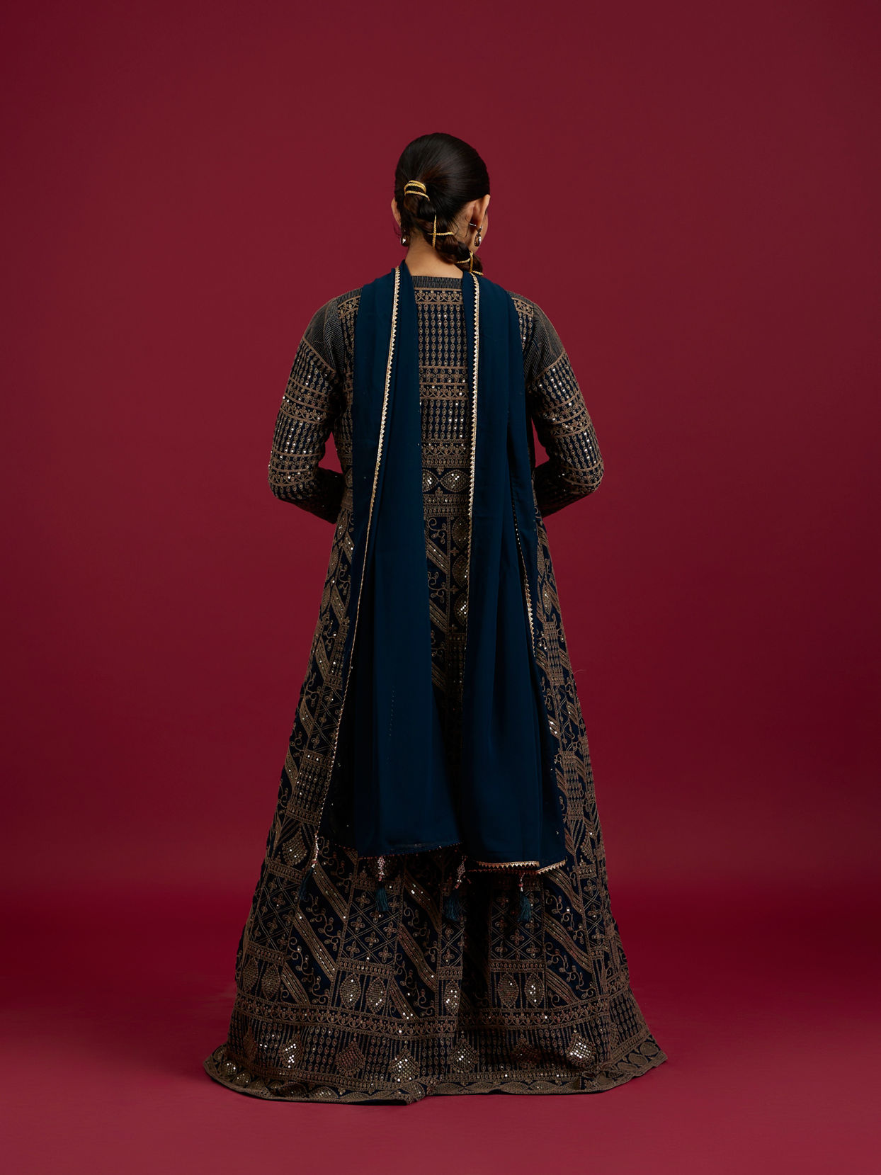 Mohey Women Teal Blue Imperial Jaal Patterned Lehenga with Sequin And Gota Patti Work