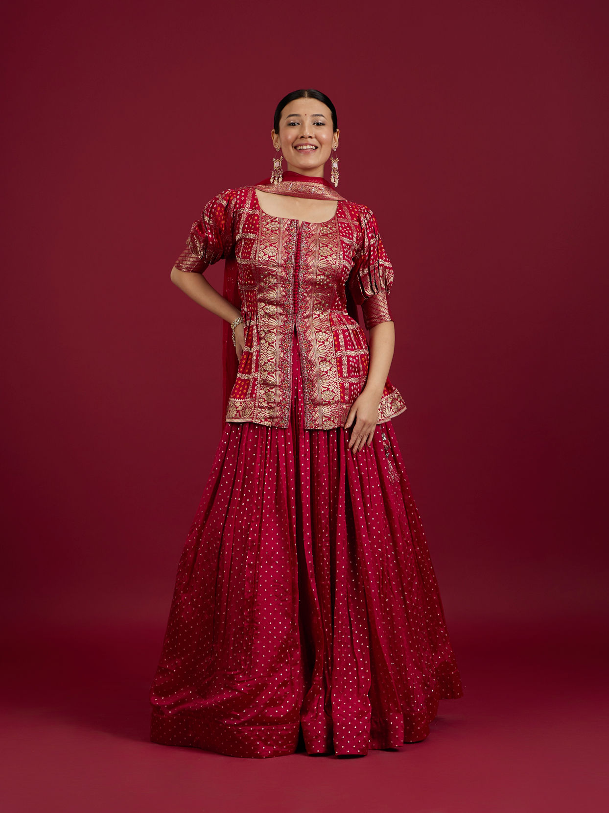 Mohey Women Rani Pink Bandhani Print Crop Top Lehenga with Floral Borders And Sequin Work