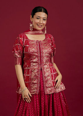 Mohey Women Rani Pink Bandhani Print Crop Top Lehenga with Floral Borders And Sequin Work