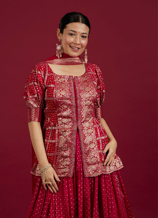 Mohey Women Rani Pink Bandhani Print Crop Top Lehenga with Floral Borders And Sequin Work