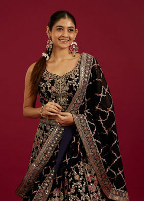 Mohey Women Indigo Blue Jaal Embroidered Crop Top Lehenga with Sequin Work