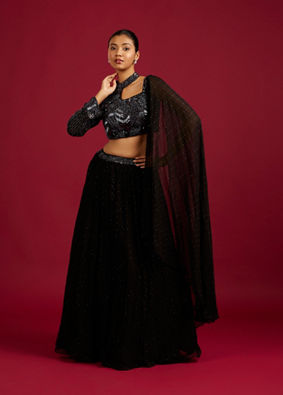 Mohey Women Ebony Black Cutdana And Sequin Work Crop Top Lehenga with Rhinestones