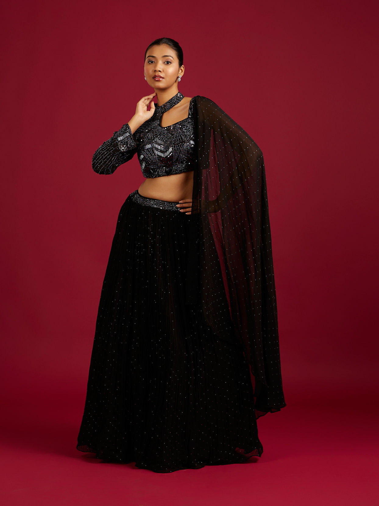 Mohey Women Ebony Black Cutdana And Sequin Work Crop Top Lehenga with Rhinestones