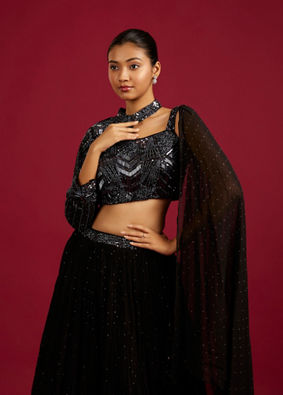 Mohey Women Ebony Black Cutdana And Sequin Work Crop Top Lehenga with Rhinestones