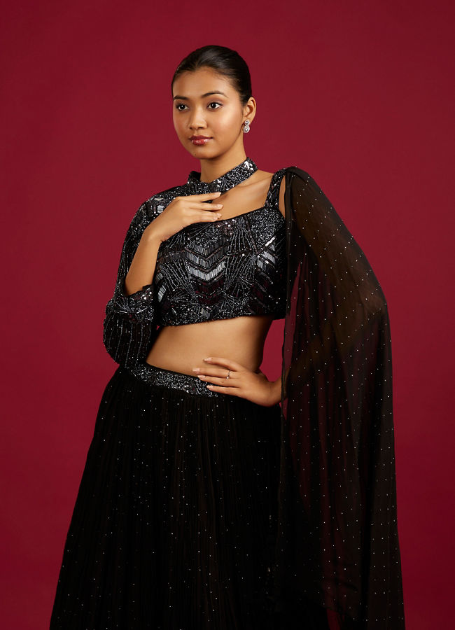 Mohey Women Ebony Black Cutdana And Sequin Work Crop Top Lehenga with Rhinestones