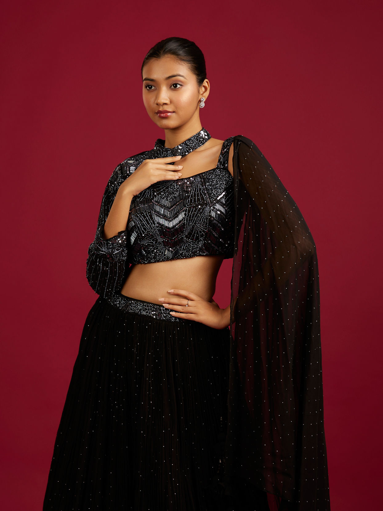 Mohey Women Ebony Black Cutdana And Sequin Work Crop Top Lehenga with Rhinestones