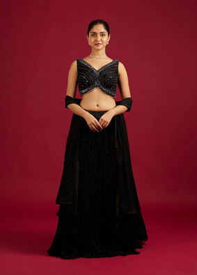 Mohey Women Midnight Black Cutdana And Sequin Embellished Crop Top Lehenga with Tassels