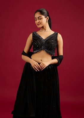 Mohey Women Midnight Black Cutdana And Sequin Embellished Crop Top Lehenga with Tassels