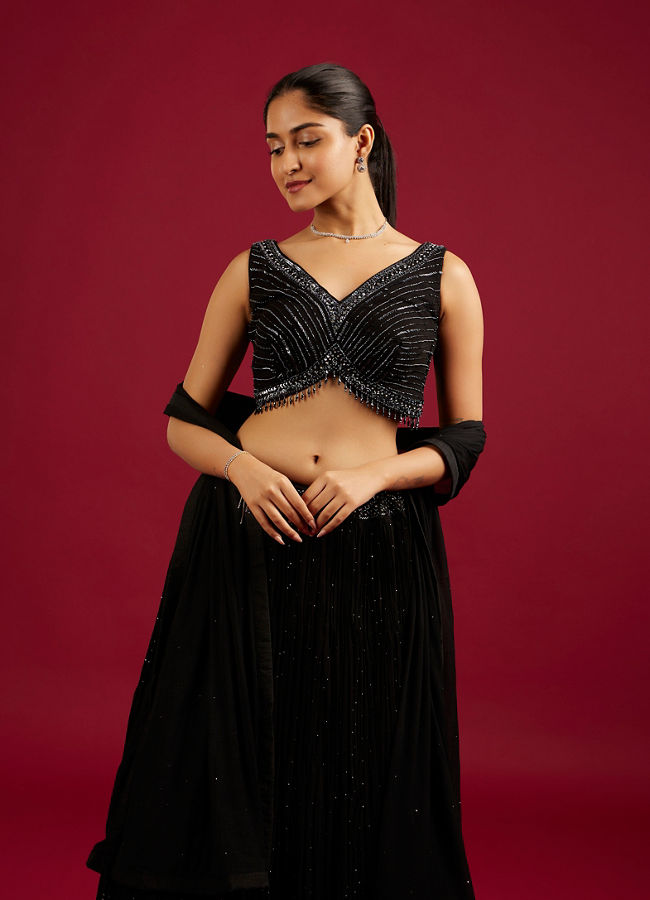 Mohey Women Midnight Black Cutdana And Sequin Embellished Crop Top Lehenga with Tassels