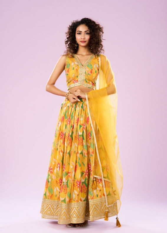 Mohey Women Glowing Yellow Organza Lehenga