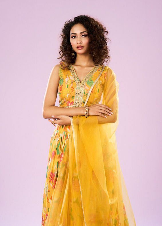 Mohey Women Glowing Yellow Organza Lehenga