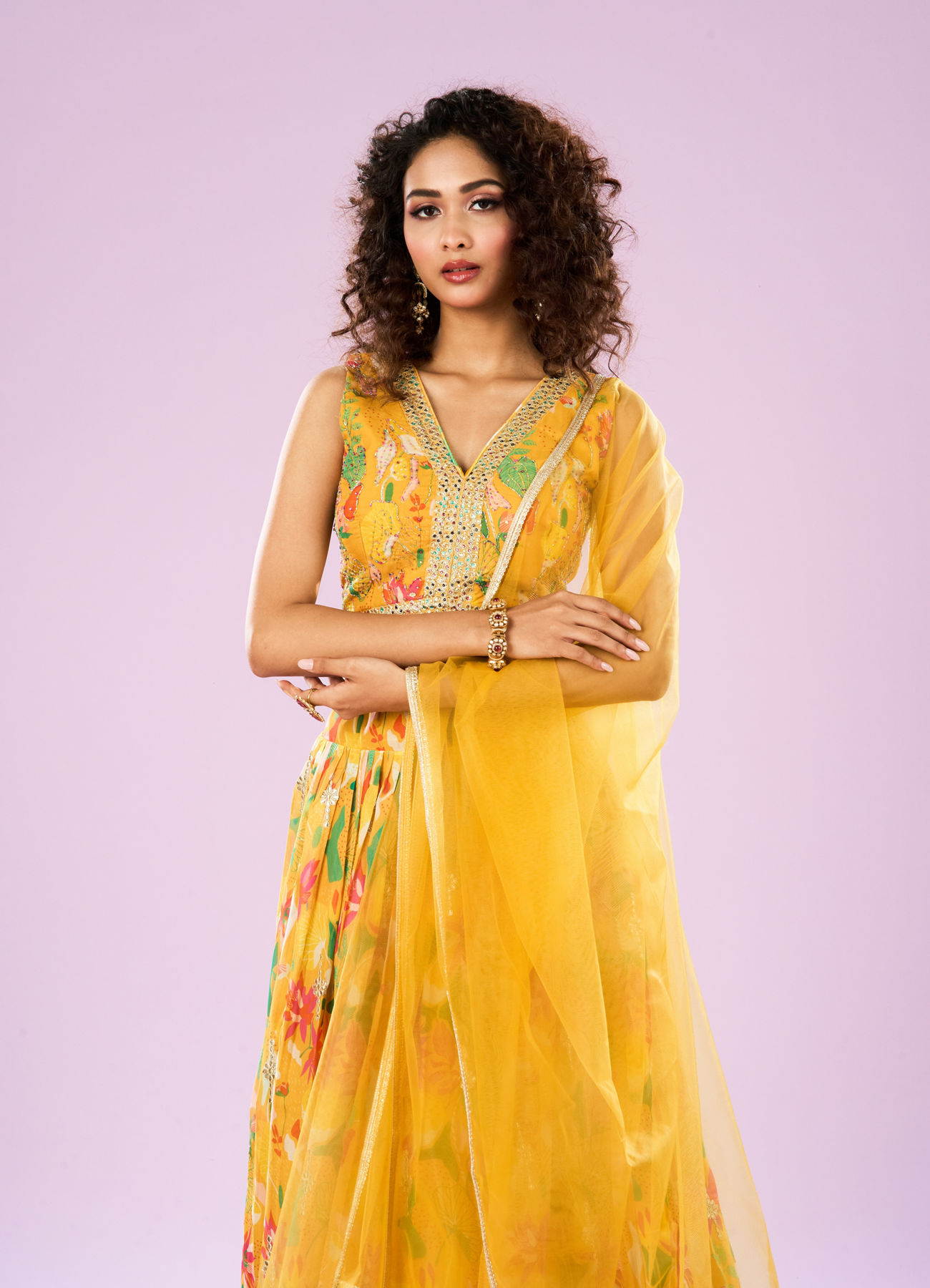 Mohey Women Glowing Yellow Organza Lehenga