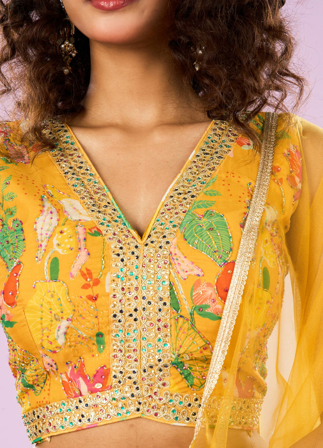 Mohey Women Glowing Yellow Organza Lehenga