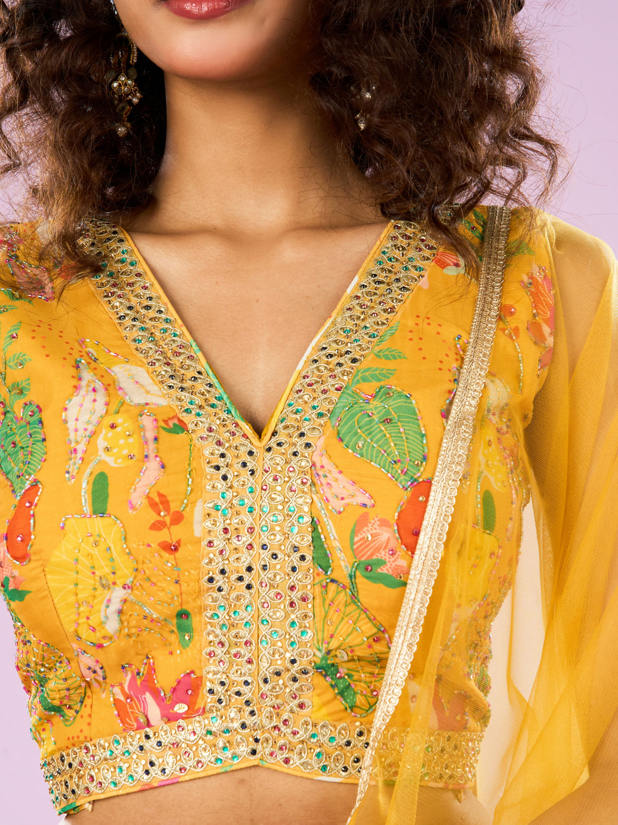 Mohey Women Glowing Yellow Organza Lehenga