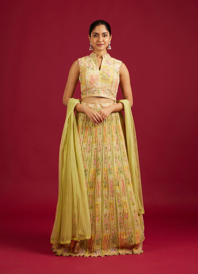Mohey Women Pistachio Sorbet Embroidered Crop Top Lehenga with Sequin Work
