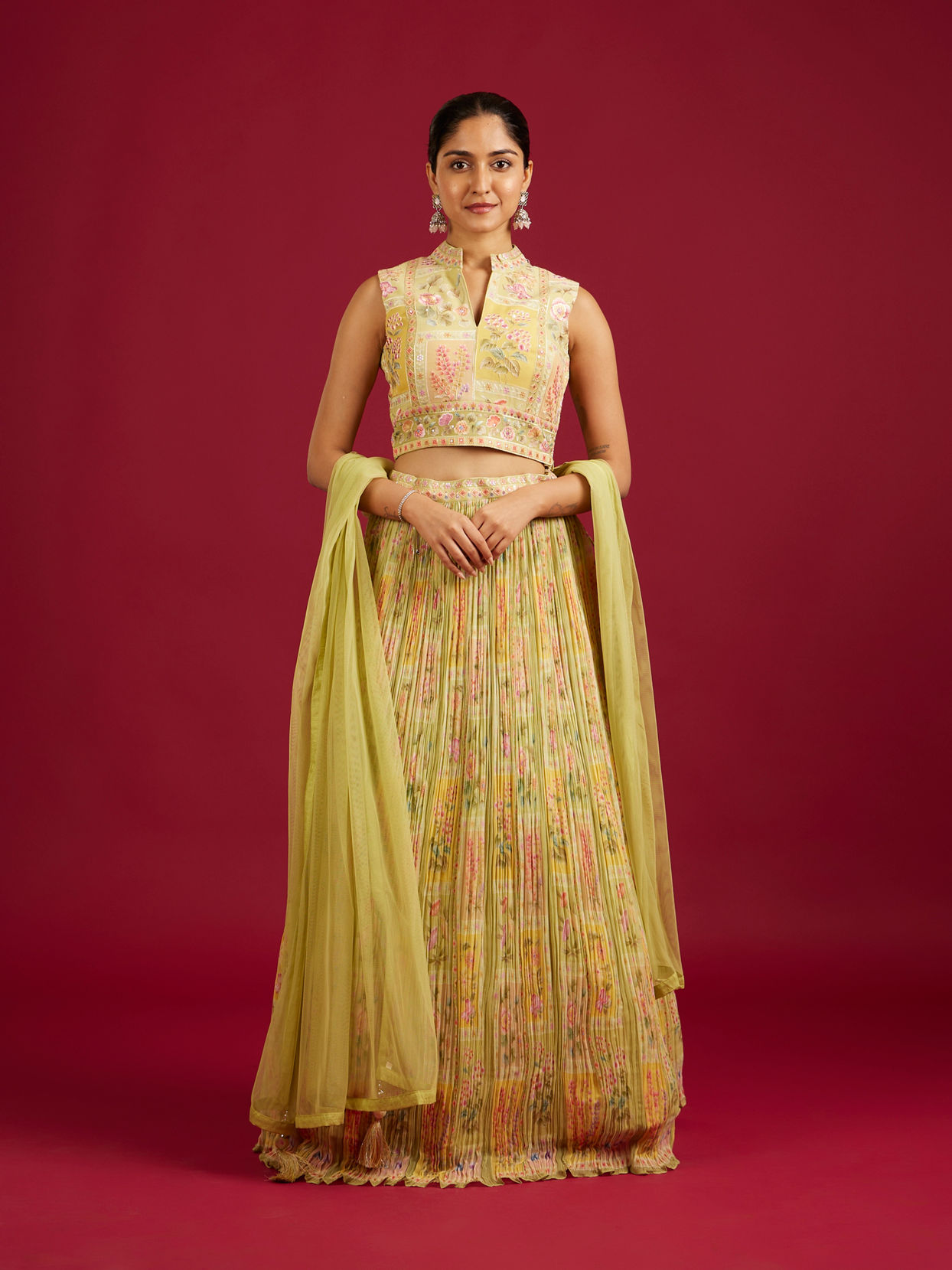 Mohey Women Pistachio Sorbet Embroidered Crop Top Lehenga with Sequin Work