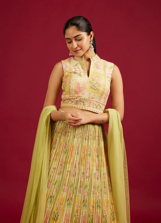 Mohey Women Pistachio Sorbet Embroidered Crop Top Lehenga with Sequin Work