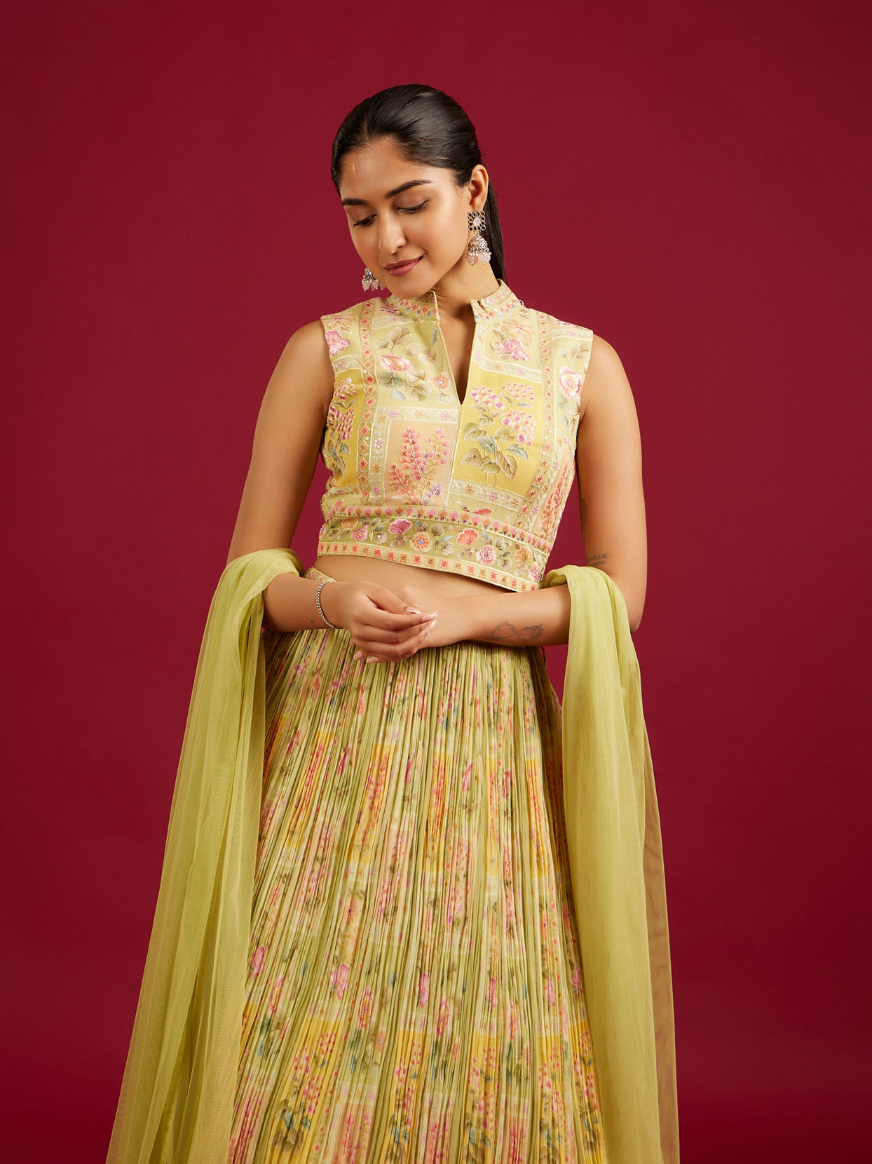 Mohey Women Pistachio Sorbet Embroidered Crop Top Lehenga with Sequin Work